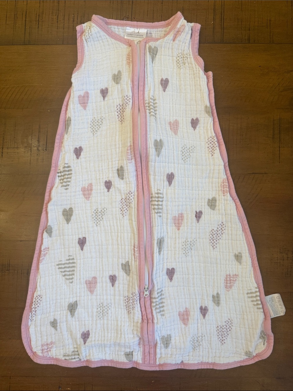 aden + anais White Muslin Sleep Sack with Pink Trim and Heart Print